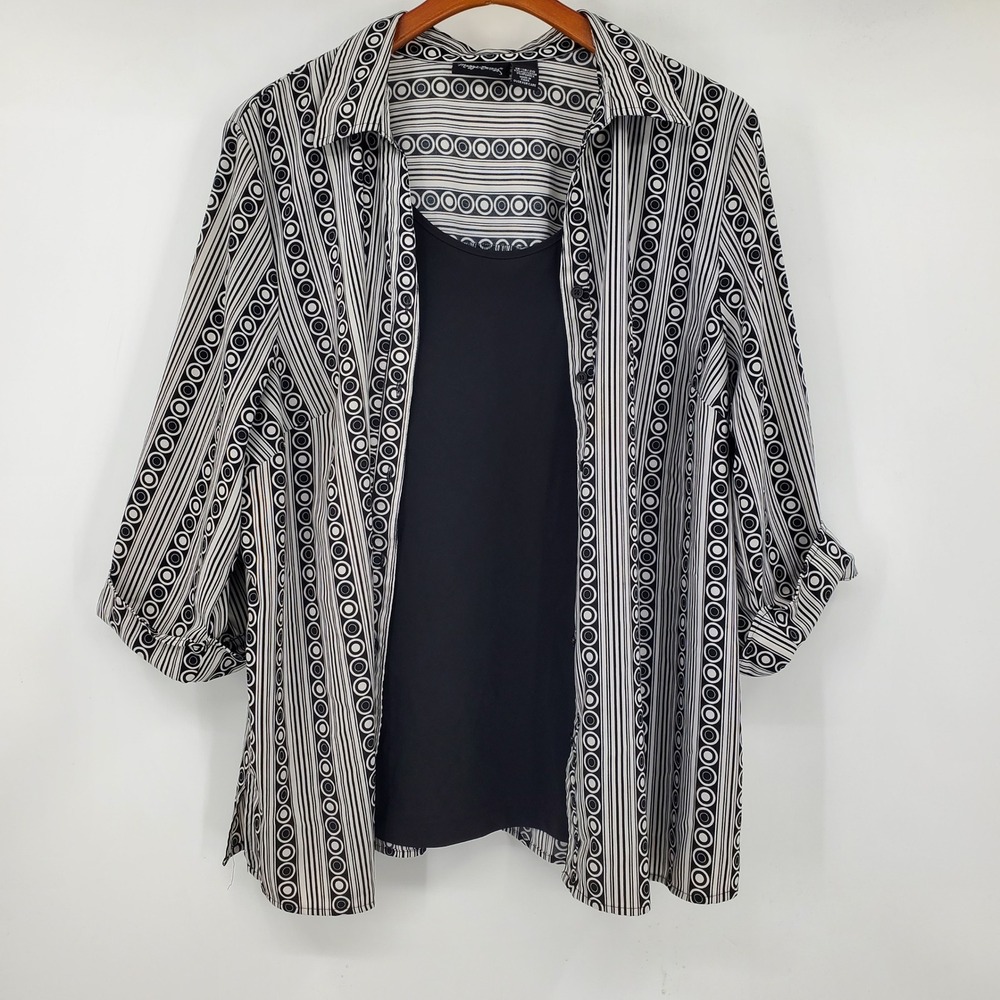 Maggie Barnes Black White Geometric Circle Stripe Roll Tab Blouse 1X 18/20 Mod